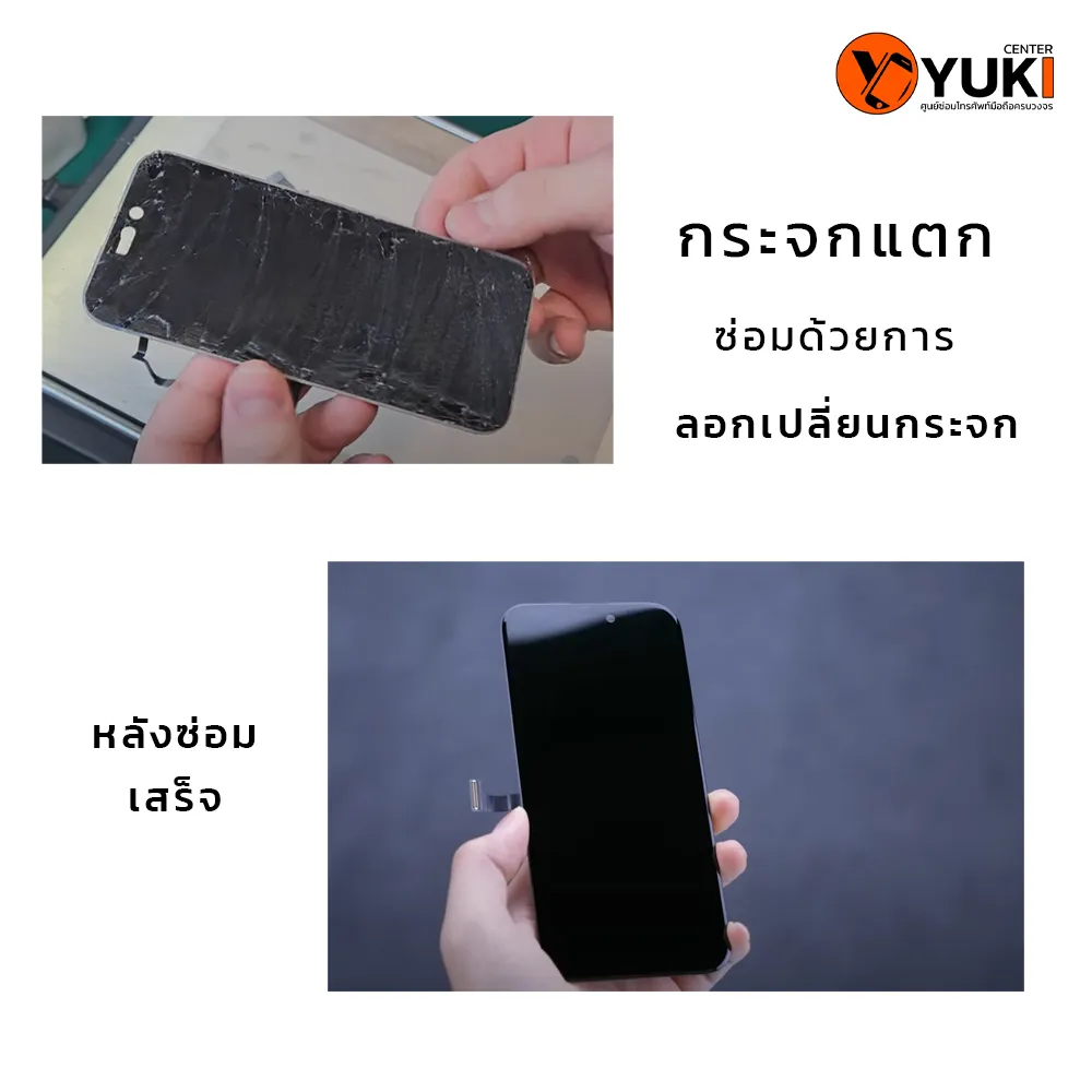 ภาพของจอมือถือที่แตกพร้อมคำอธิบาย ก่อนซ่อม และ หลังซ่อม