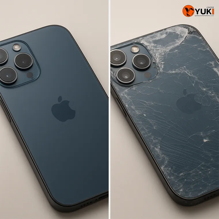 ภาพเปรียบเทียบ Before-After iPhone กระจกหลังแตกและซ่อมแล้ว โดยร้าน Yuki Center อัปเดตราคา 2025