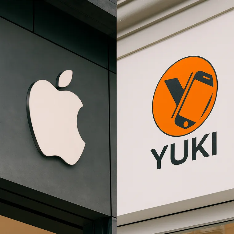 ภาพเปรียบเทียบโลโก้ Apple Store และ Yuki Center ร้านซ่อมมือถือครบวงจร แสดงความแตกต่างระหว่างศูนย์บริการ Apple และร้านซ่อมมือถือ