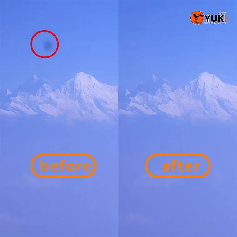ภาพเปรียบเทียบก่อนและหลังการแก้ไขปัญหาจุดดำบนภาพถ่ายทิวเขา ท้องฟ้าใส แสดงคุณภาพกล้องที่สะอาดและชัดเจน"