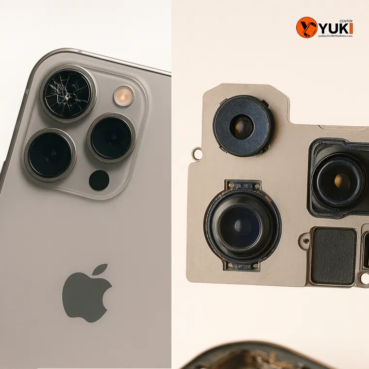 ภาพเปรียบเทียบกล้องหลัง iPhone ที่เลนส์แตกร้าวกับโมดูลกล้องใหม่สำหรับเปลี่ยนซ่อม ชัดเจนบนพื้นหลังสีขาว