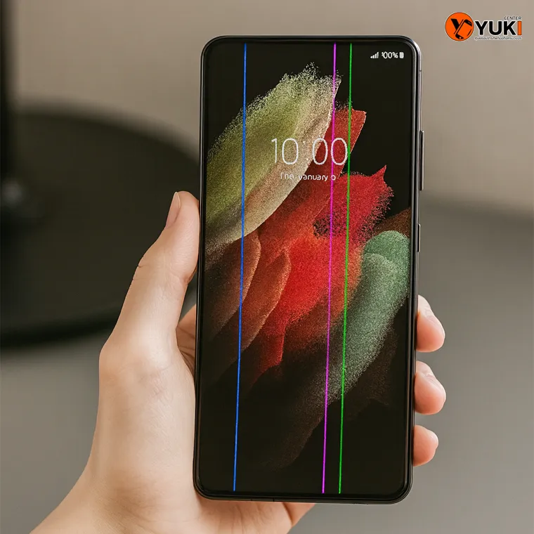 มือถือ Samsung หน้าจอขึ้นเส้นแนวตั้งหลายสี ปัญหาจอแสดงผลเสียหาย ต้องเปลี่ยนจอหรือซ่อมที่ร้าน Yuki Center