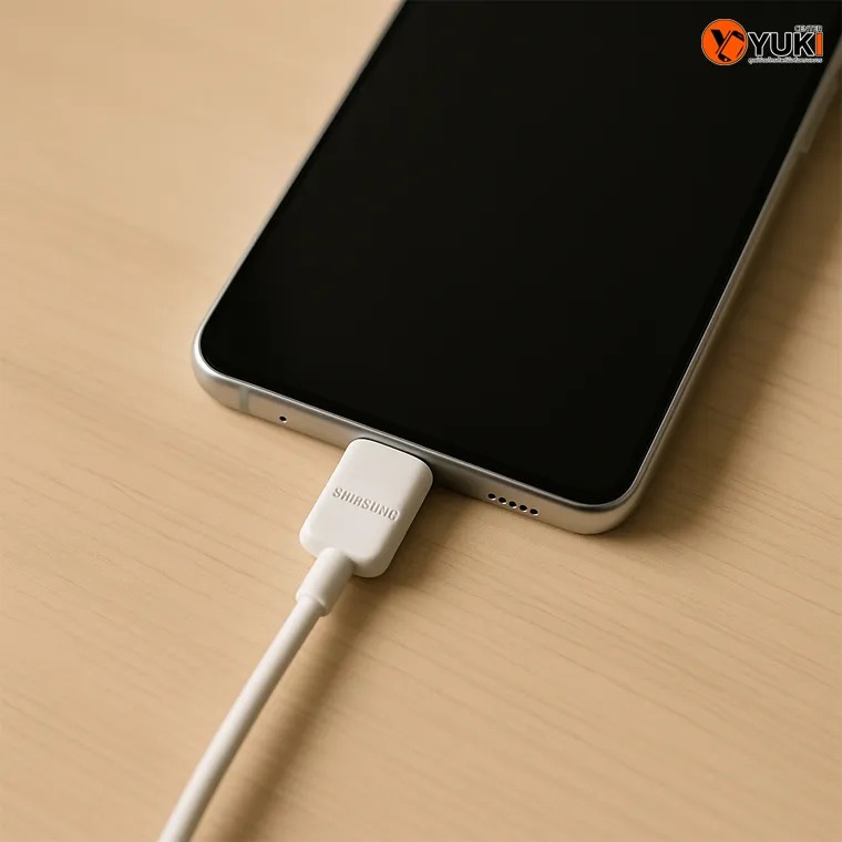 มือถือ Samsung เสียบสายชาร์จแบตเตอรี่บนโต๊ะไม้
