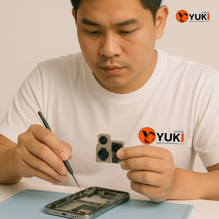 ช่างซ่อมมือถือกำลังเปลี่ยนโมดูลกล้อง iPhone อย่างมืออาชีพ ที่ Yuki Center ศูนย์ซ่อมโทรศัพท์ครบวงจร