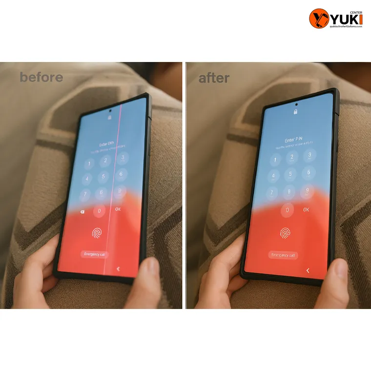 เปรียบเทียบมือถือก่อนและหลังการซ่อมหน้าจอขึ้นเส้น ภาพซ้ายมีเส้นสีแดงแนวตั้ง ส่วนภาพขวาหลังซ่อมแล้วหน้าจอกลับมาใช้งานได้ปกติ โดย Yuki Center"