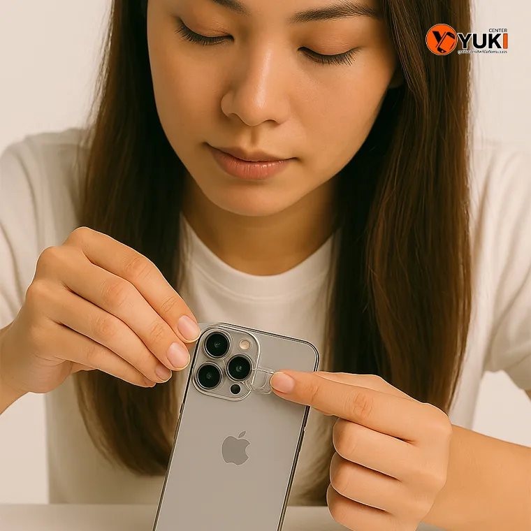 ผู้หญิงกำลังติดฟิล์มกันรอยเลนส์กล้อง iPhone อย่างประณีต เพื่อป้องกันรอยขีดข่วนและเพิ่มความทนทาน