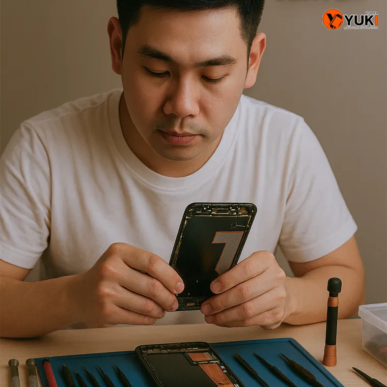ช่างซ่อมมือถือกำลังตรวจสอบหน้าจอและอะไหล่ด้วยเครื่องมือมาตรฐาน ซ่อมมือถือคุณภาพที่ Yuki Center