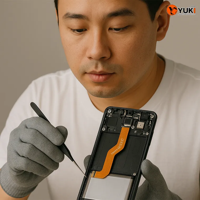 ช่างกำลังเปิดเครื่อง Samsung ตรวจเช็กสายแพรภายใน ด้วยเครื่องมือซ่อมมาตรฐาน | Yuki Center