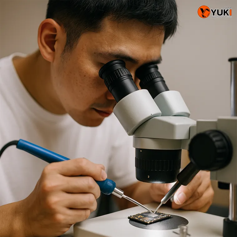 ช่างกำลังใช้กล้องขยายและหัวแร้งซ่อม IC หน้าจอมือถืออย่างละเอียด | Yuki Center