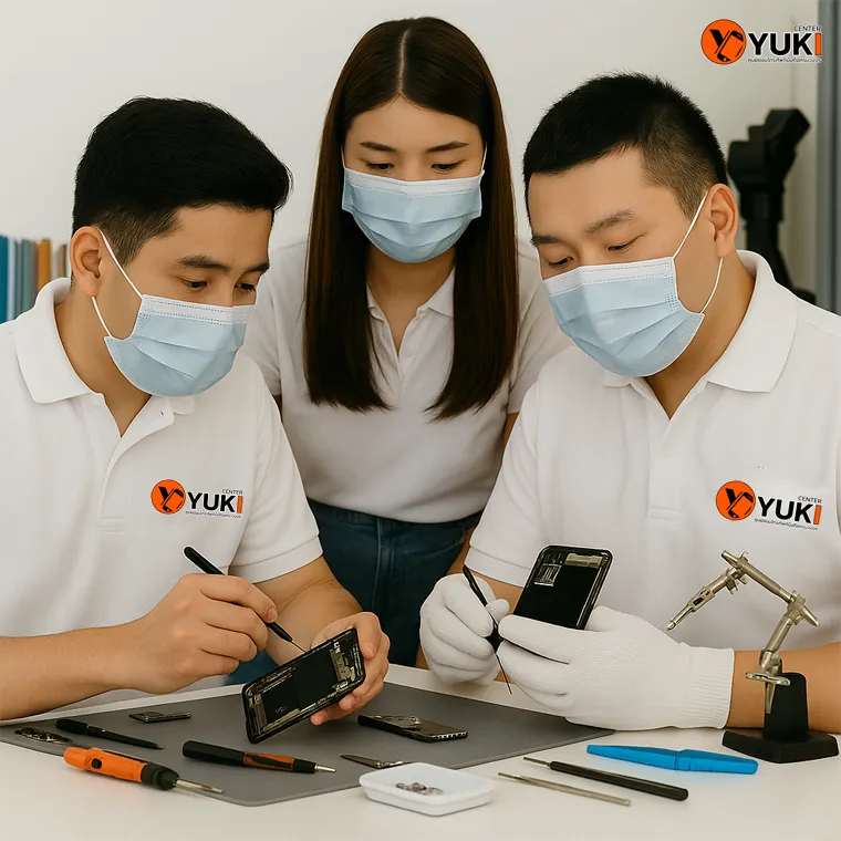 ทีมช่าง Yuki Center กำลังซ่อมมือถือ Samsung อย่างละเอียดด้วยเครื่องมือมาตรฐาน