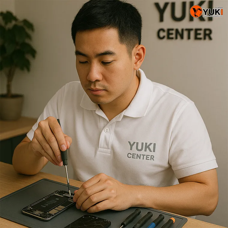 ทีมช่าง Yuki Center กำลังซ่อมมือถืออย่างมืออาชีพ ด้วยเครื่องมือมาตรฐาน