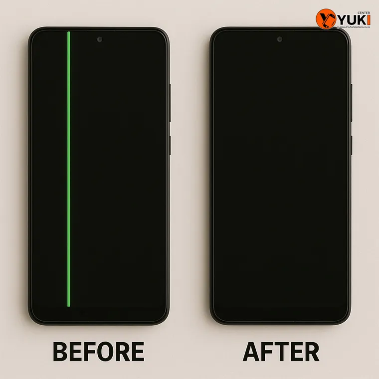 Before After การซ่อมหน้าจอ Samsung แก้ปัญหาหน้าจอมีเส้นสีเขียว โดย Yuki Center