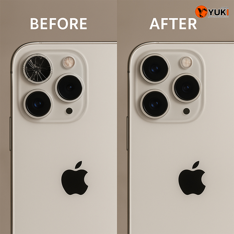 เปรียบเทียบกล้องหลัง iPhone แตก ก่อนและหลังซ่อมที่ Yuki Center ซ่อมโดยช่างผู้เชี่ยวชาญ ใช้อะไหล่แท้