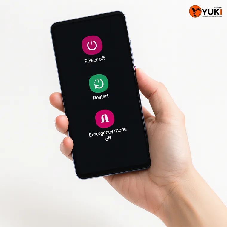 ภาพหน้าจอมือถือแสดงเมนู Power off, Restart และ Emergency mode off ใช้สำหรับการรีสตาร์ทหรือปิดเครื่องมือถือเพื่อแก้ปัญหาค้างหรือระบบทำงานผิดพลาด