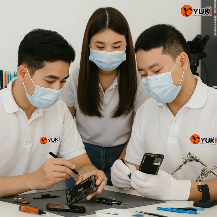 ทีมช่างซ่อมมือถือ Yuki Center สวมเสื้อยูนิฟอร์มและหน้ากากอนามัย กำลังซ่อมโทรศัพท์มือถือด้วยความละเอียดและมืออาชีพ