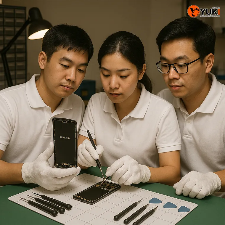 ทีมช่าง Yuki Center กำลังเปลี่ยนจอ Samsung อย่างมืออาชีพ ด้วยเครื่องมือซ่อมมาตรฐานศูนย์