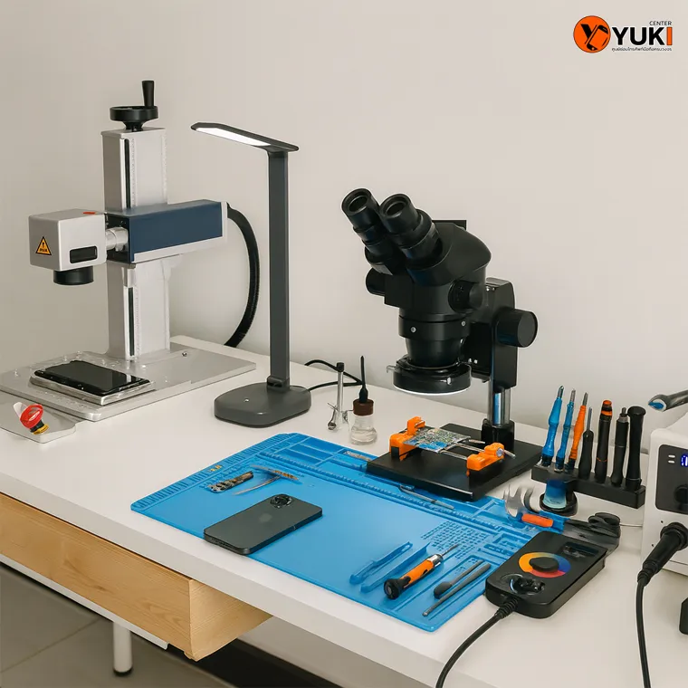 บรรยากาศโต๊ะซ่อมมือถือภายในร้าน Yuki Center มีเครื่องมือซ่อมครบครัน เช่น กล้องไมโครสโคป เครื่องยิงเลเซอร์ ชุดไขควง และอุปกรณ์มาตรฐานศูนย์