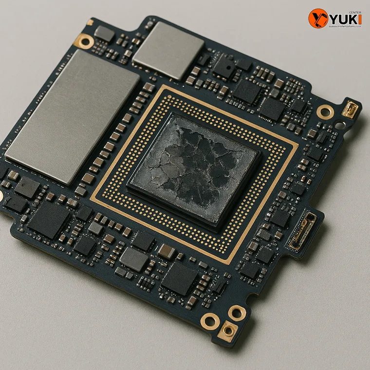 ภาพเมนบอร์ดมือถือพร้อมชิปที่เสียหาย ผิวแตกและเสื่อมสภาพ อาการที่ทำให้มือถือเปิดไม่ติดหรือทำงานผิดปกติ ต้องซ่อมโดยผู้เชี่ยวชาญด้านเมนบอร์ด