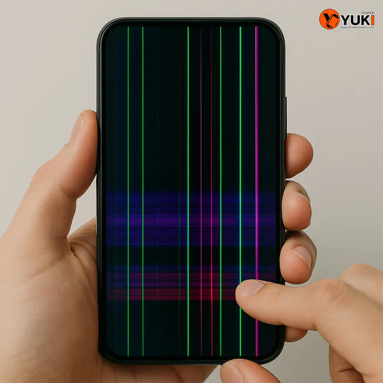 มือถือหน้าจอขึ้นเส้นหลายสีทั้งเขียว ม่วง และชมพู ผู้ใช้ใช้นิ้วกดที่ขอบจอเพื่อตรวจสอบ ปัญหาจอ AMOLED เสียหาย ต้องซ่อมหรือเปลี่ยนจอใหม่