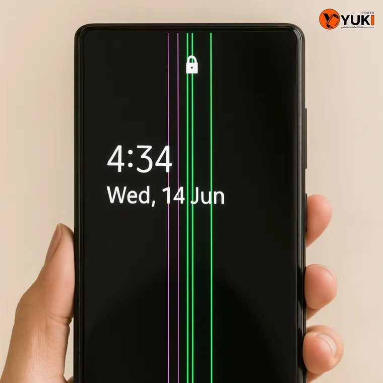 มือถือ Samsung หน้าจอขึ้นเส้นเขียวและม่วงแนวตั้ง อาการหน้าจอมีเส้นผิดปกติ