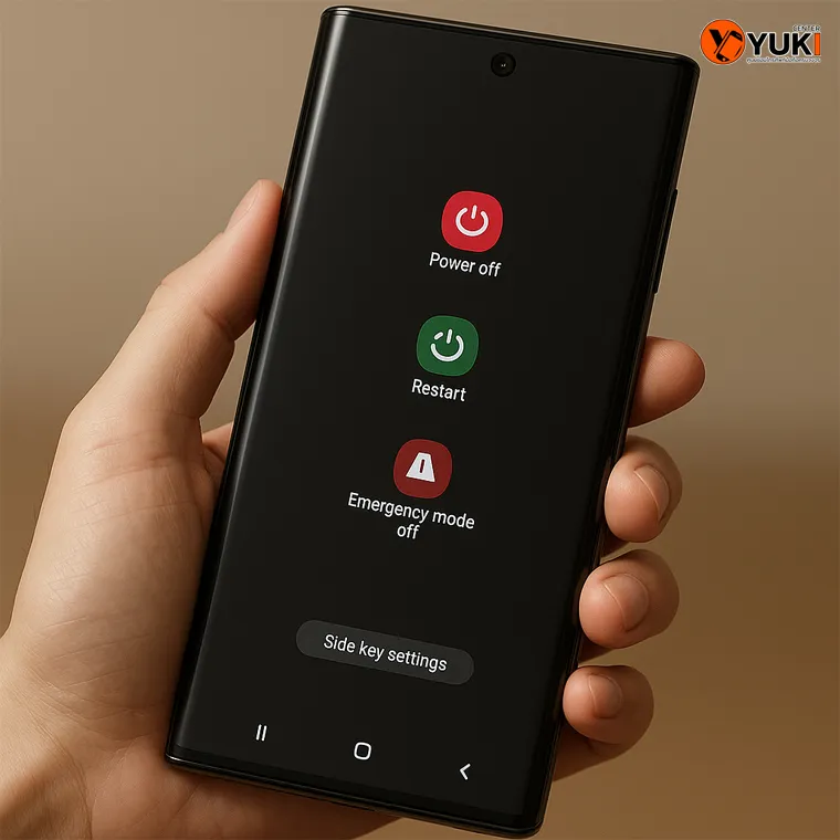 มือถือ Samsung แสดงเมนูปิดเครื่องและ Restart วิธีแก้ปัญหาหน้าจอค้างหรือขึ้นเส้น