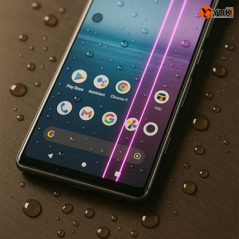 มือถือวางบนโต๊ะมีหยดน้ำบนหน้าจอ พร้อมเส้นสีชมพูขึ้นบนจอ แสดงอาการมือถือจอมีเส้นจากน้ำเข้าเครื่อง