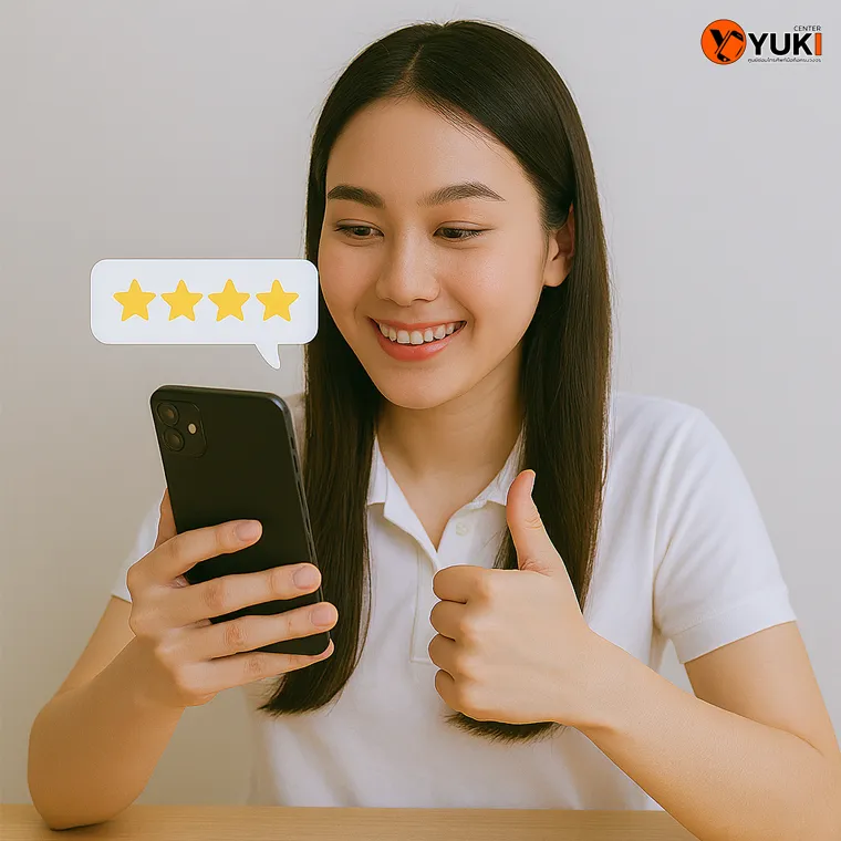 ลูกค้าร้านซ่อมมือถือ Yuki Center แสดงความพึงพอใจหลังซ่อมเสร็จ พร้อมรีวิว 5 ดาว ยืนยันคุณภาพการบริการและความน่าเชื่อถือ