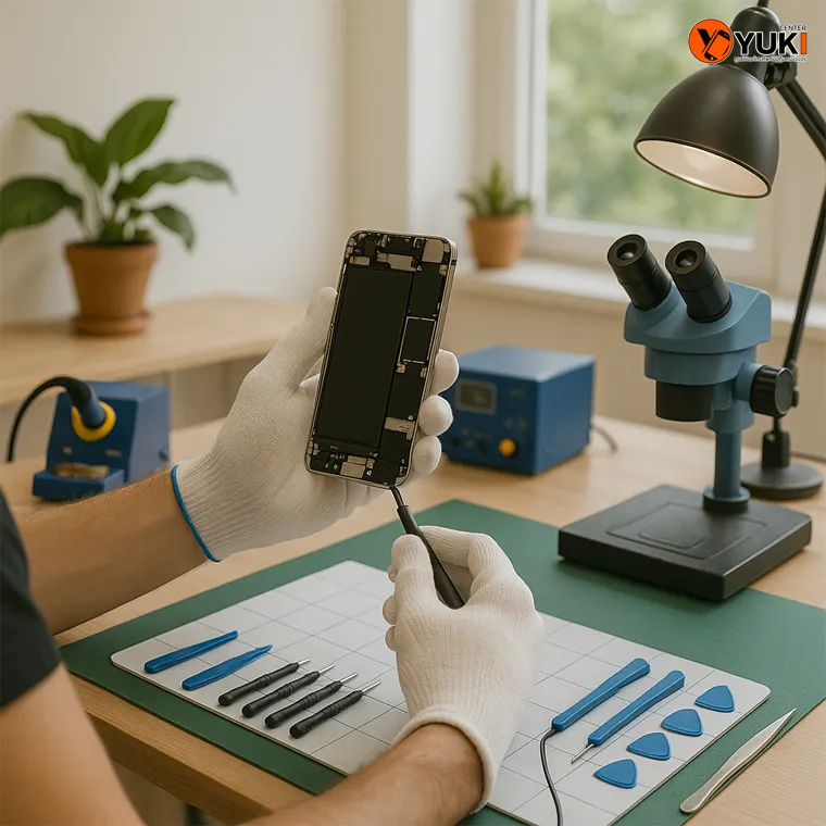 ช่างซ่อมมือถือกำลังซ่อม Samsung ด้วยเครื่องมือมาตรฐานบนโต๊ะซ่อม