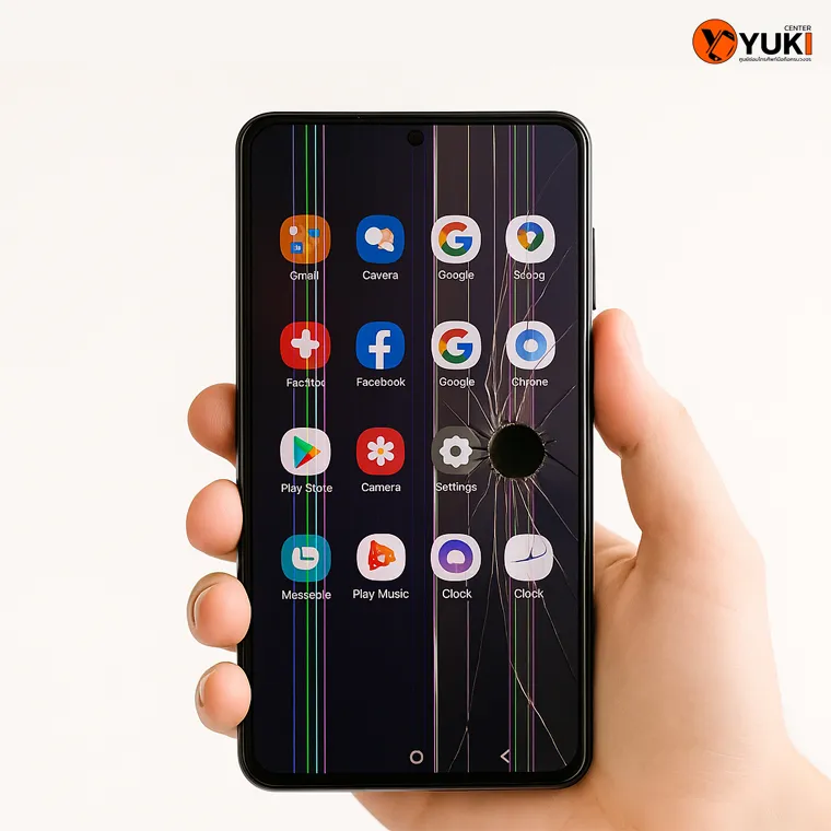 มือถือหน้าจอแตก มีเส้นสีเขียวและชมพูพาดเต็มจอ พร้อมจุดดำตรงกลาง ปัญหาจอ AMOLED เสียหาย ต้องซ่อมหรือเปลี่ยนจอใหม่กับร้านซ่อมมือถือมาตรฐาน