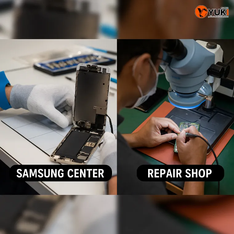 เปรียบเทียบการซ่อมมือถือ Samsung ที่ศูนย์บริการกับร้านซ่อมโทรศัพท์ เรียกใช้บริการที่ Yuki Center