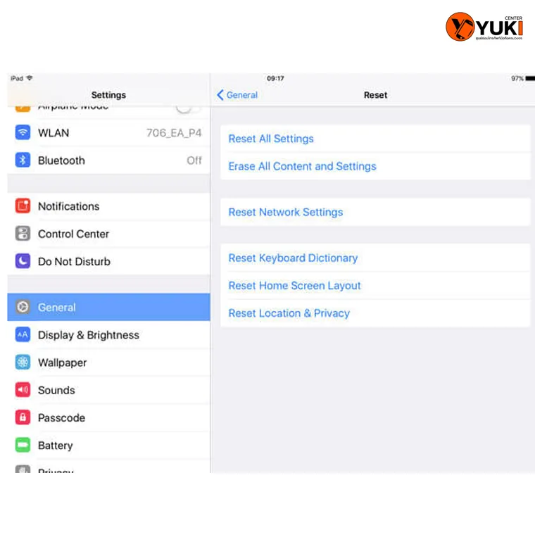 หน้า Settings iPad เลือก Reset All Settings