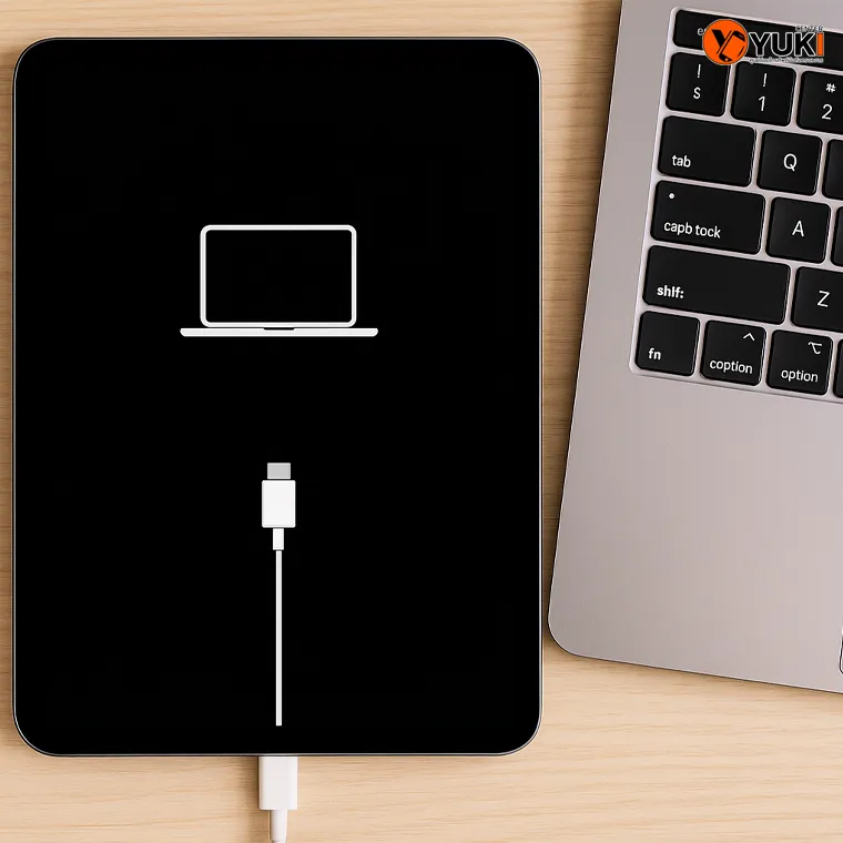 iPad เชื่อมต่อกับ MacBook ผ่านสาย USB-C แสดงไอคอน Recovery Mode
