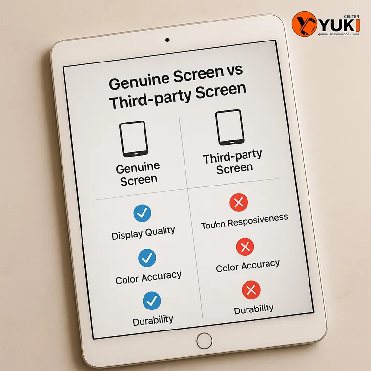 อินโฟกราฟิกเปรียบเทียบจอแท้ iPad vs จอเทียบ แสดงความแตกต่างด้านคุณภาพการแสดงผล ความแม่นยำของสี ความทนทาน และการตอบสนองต่อการสัมผัส