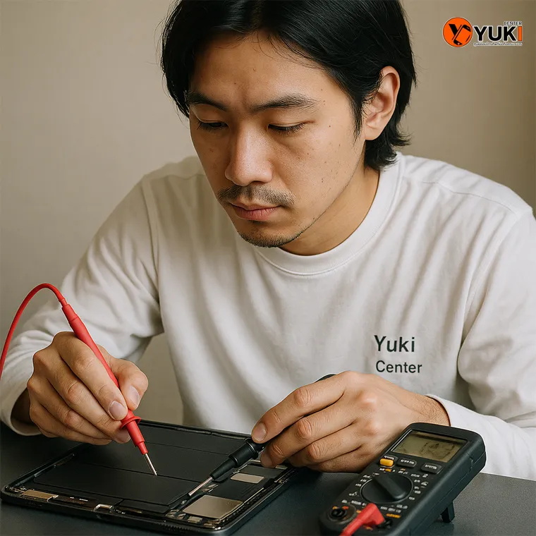 ช่าง Yuki Center ตรวจสอบแบตเตอรี่ iPad ด้วยเครื่องมือพิเศษ เพื่อประเมินอาการแบตเสื่อมและความพร้อมในการเปลี่ยนแบตเตอรี่ iPad