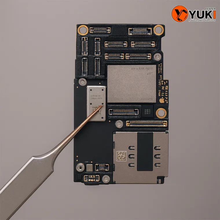 เมนบอร์ด iPhone กำลังตรวจเช็กโดยช่างผู้เชี่ยวชาญที่ Yuki Center ใช้เครื่องมือพิเศษในการซ่อม