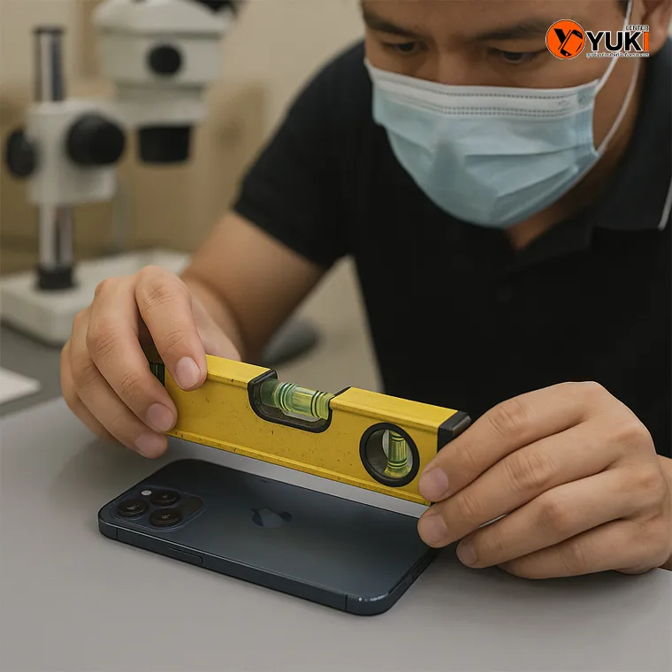 ช่างตรวจสอบความงอของเครื่อง iPhone ด้วยเครื่องวัดระดับ ก่อนเริ่มงานเปลี่ยนบอดี้ที่ Yuki Center