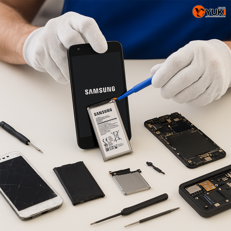 ช่างซ่อมมือถือกำลังเปลี่ยนแบตเตอรี่ Samsung ด้วยอุปกรณ์มาตรฐานในร้านซ่อม Yuki Center