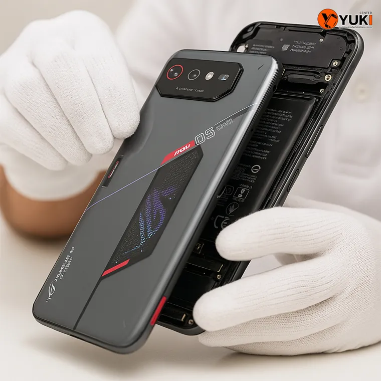 ช่างกำลังเปิดฝาหลัง ROG Phone เพื่อซ่อมและเปลี่ยนแบตเตอรี่ ที่ Yuki Center ศูนย์ซ่อมมือถือครบวงจร
