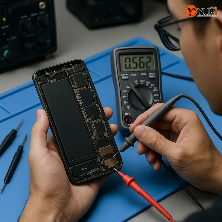 ช่างกำลังตรวจสอบวงจรเมนบอร์ด iPhone ในห้องแล็บด้วยมัลติมิเตอร์ เพื่อแก้ปัญหา iPhone จอขาวค้าง