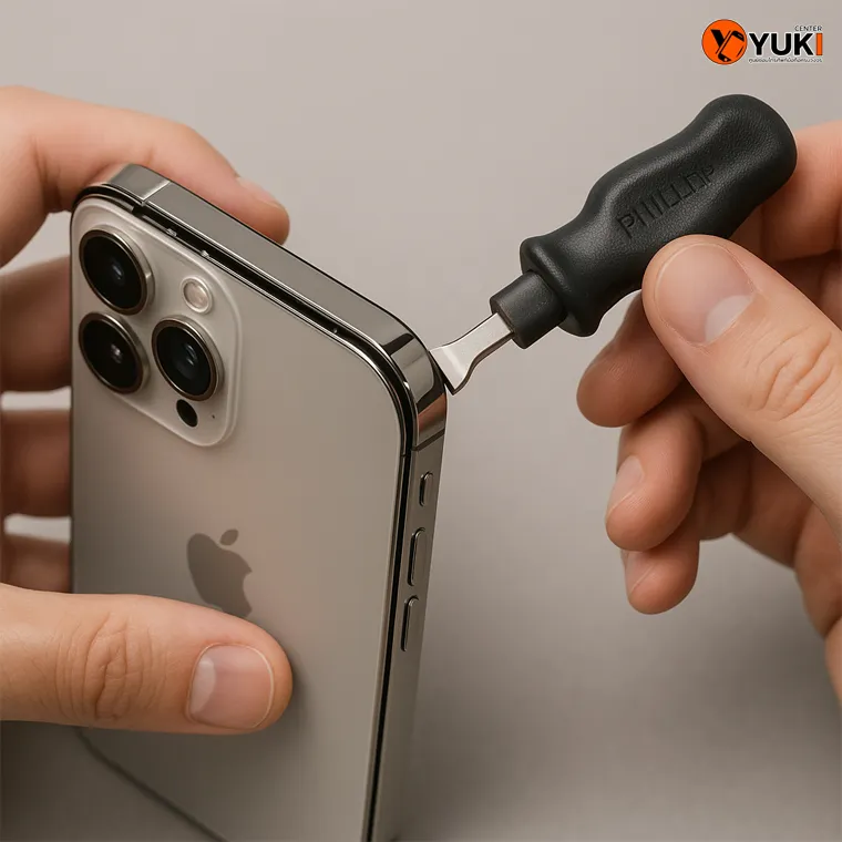 ช่างกำลังแกะ iPhone ด้วยเครื่องมือพิเศษ โดยร้านซ่อมมือถือ Yuki Center
