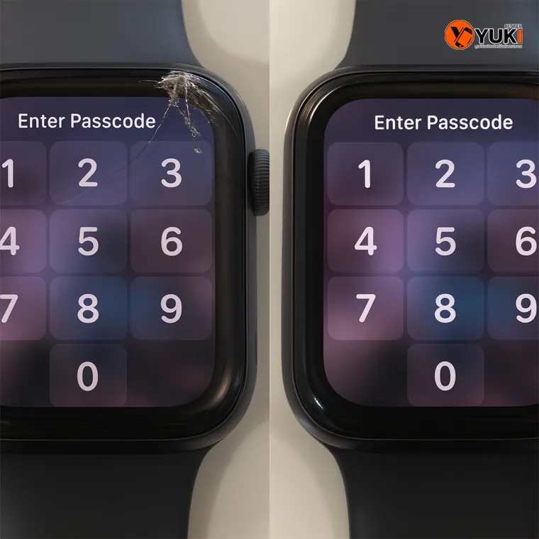 ตัวอย่างก่อนและหลังเปลี่ยนกระจก Apple Watch ที่ Yuki Center