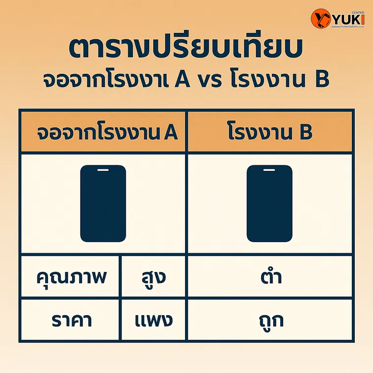 ตารางเปรียบเทียบ จอ iPhone โรงงาน A vs โรงงาน B คุณภาพและราคา โดย Yuki Center