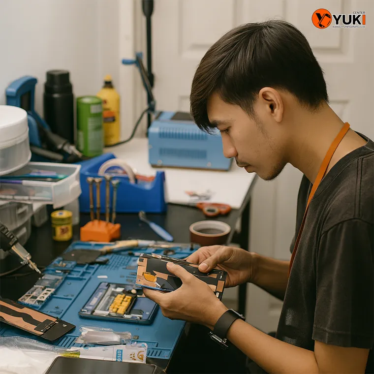 ช่างซ่อมมือถือ Yuki Center กำลังตรวจเช็กและเปลี่ยนแบตเตอรี่ iPhone ด้วยอุปกรณ์ซ่อมมาตรฐาน