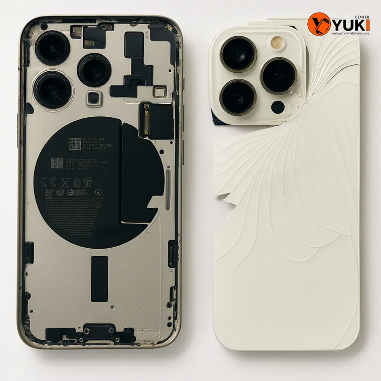 ภาพฝาหลัง iPhone แตกหลุดออกจากเครื่อง หลังการตกกระแทก ต้องซ่อมด่วนที่ Yuki Center
