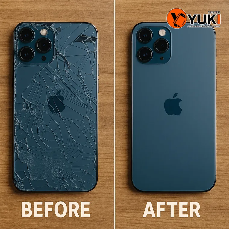 เปรียบเทียบ iPhone ฝาหลังแตกก่อนซ่อม และหลังซ่อมเสร็จใหม่ที่ Yuki Center