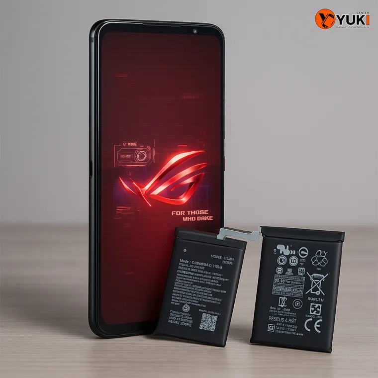 ROG Phone 6 วางคู่กับแบตเตอรี่ใหม่บนโต๊ะ แสดงการเปลี่ยนแบตมือถือคุณภาพสูงที่ Yuki Center