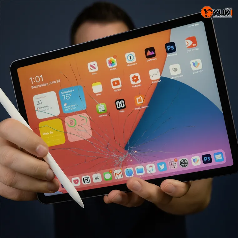 ภาพ iPad Air 5 หน้าจอแตกพร้อม Apple Pencil ถืออยู่ในมือ