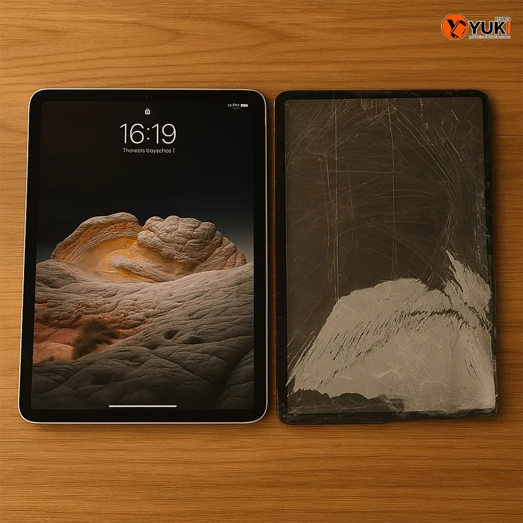 ภาพเปรียบเทียบ iPad Pro จอแตกก่อนซ่อมและหลังซ่อมเสร็จ
