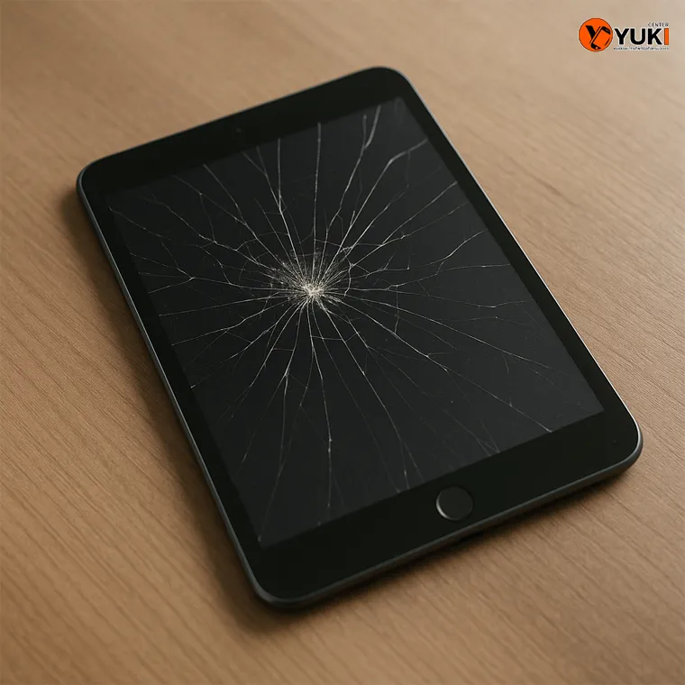 ภาพ iPad mini หน้าจอแตกวางบนโต๊ะไม้