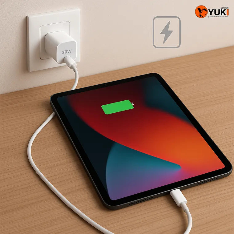 iPad วางบนโต๊ะ เสียบสายชาร์จกับหัวชาร์จ 20W เสียบปลั๊กไฟ แสดงไอคอนสายฟ้า ชาร์จเร็ว